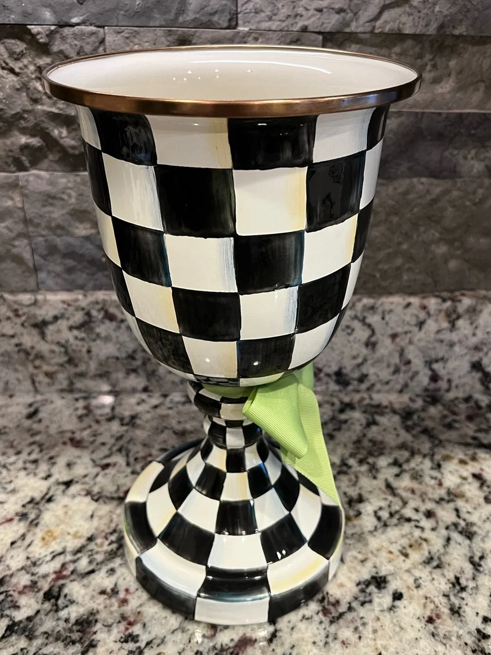 Mackenzie-Childs Courtly Check Enamel Pedestal Vase with Lime Green Bow. EUC.